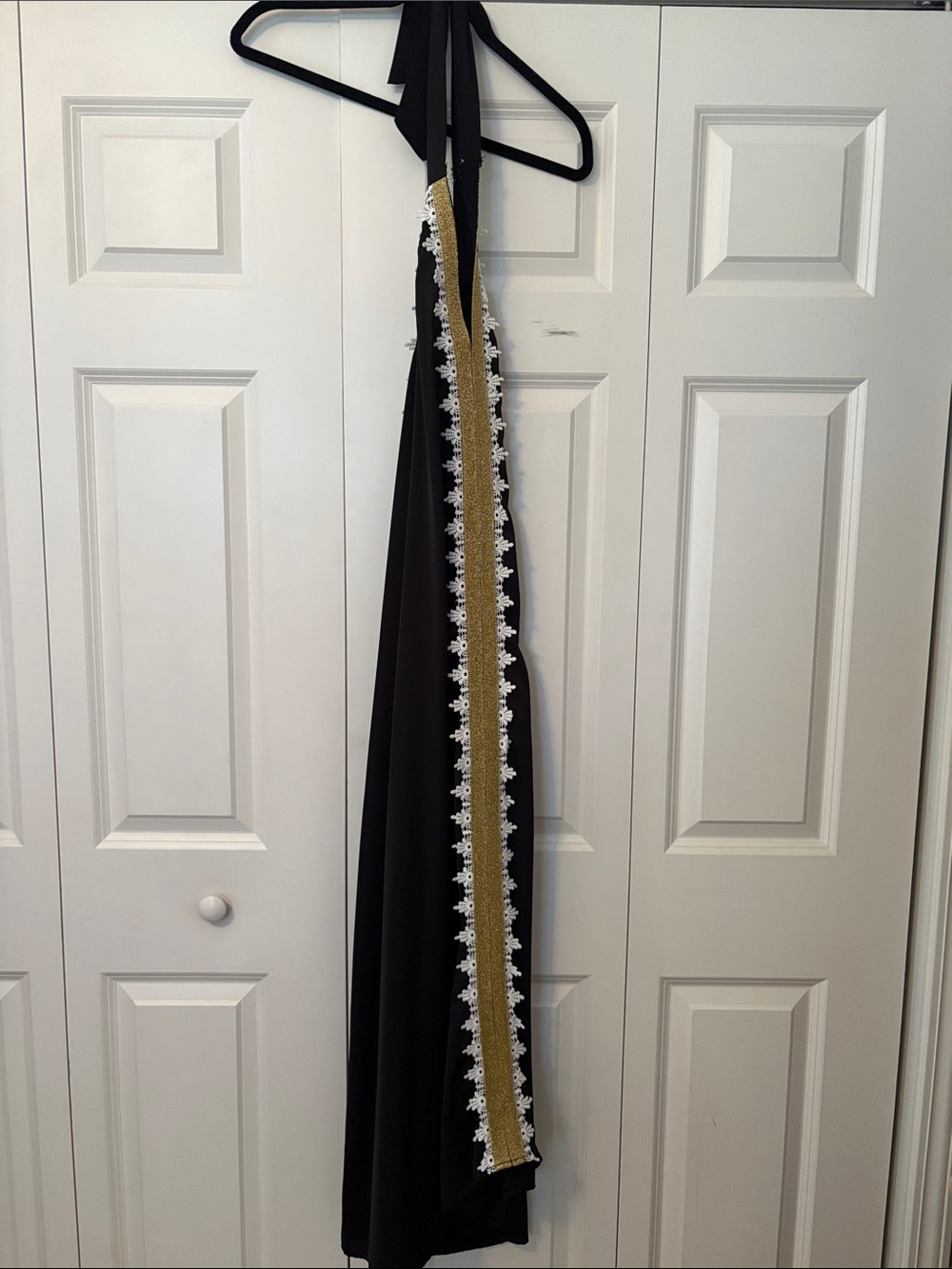 SHEIN Black Halter Backless Maxi Dress with Gold & White Trim